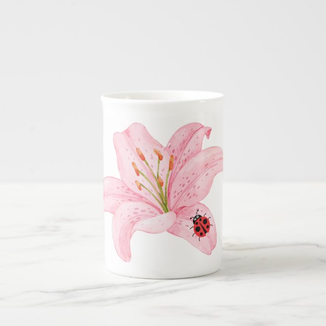 Red Ladybug pink Lily Flower custom name kid girl  Bone China Mug (Front)