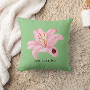 Red Ladybug pink Lily Flower custom name kid girl  Cushion