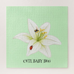 Red Ladybug pink Lily Flower custom name kid girl  Jigsaw Puzzle