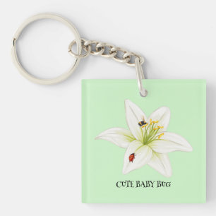 Red Ladybug pink Lily Flower custom name kid girl  Key Ring