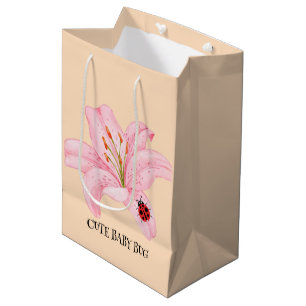 Red Ladybug pink Lily Flower custom name kid girl  Medium Gift Bag