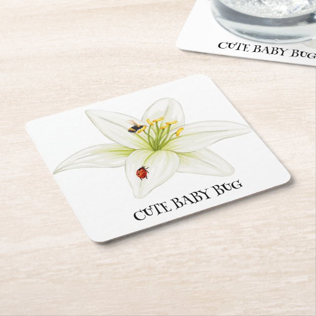 Red Ladybug pink Lily Flower custom name kid girl  Square Paper Coaster (Angled)