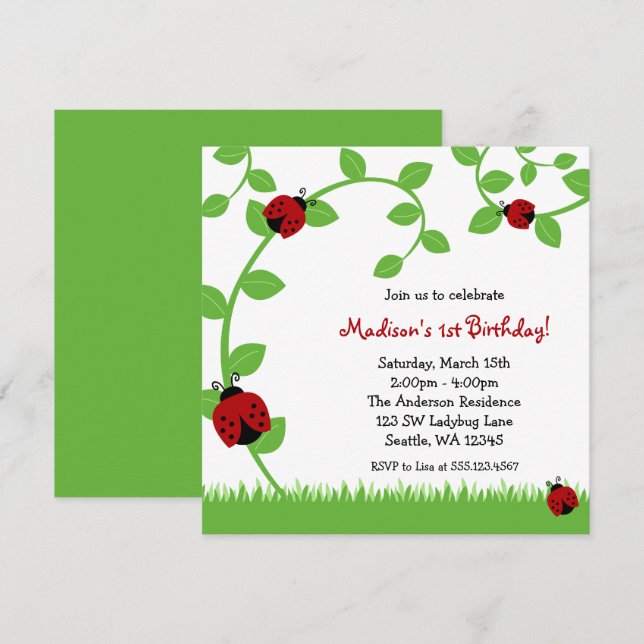 Red Ladybug Vines Birthday Party Invitations (Front/Back)
