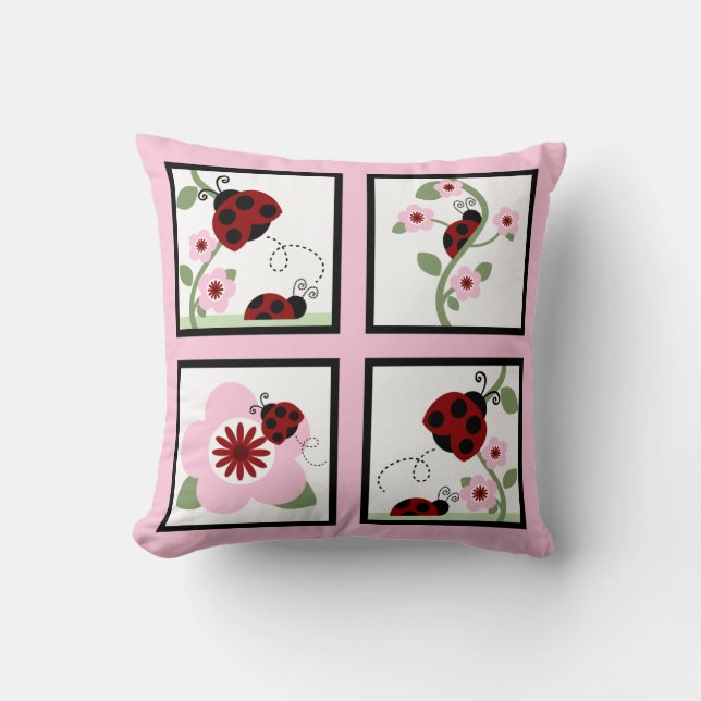 Red Ladybugs and Flowers Personalised Pillow (Front)