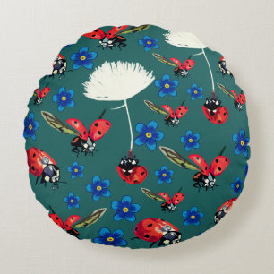 Red Ladybugs Blue flowers  Round Cushion
