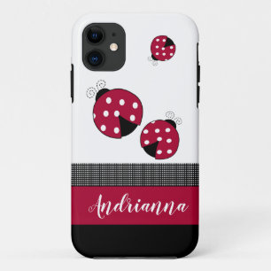 Red Ladybugs Trendy Insect Bugs White Black Check iPhone 11 Case