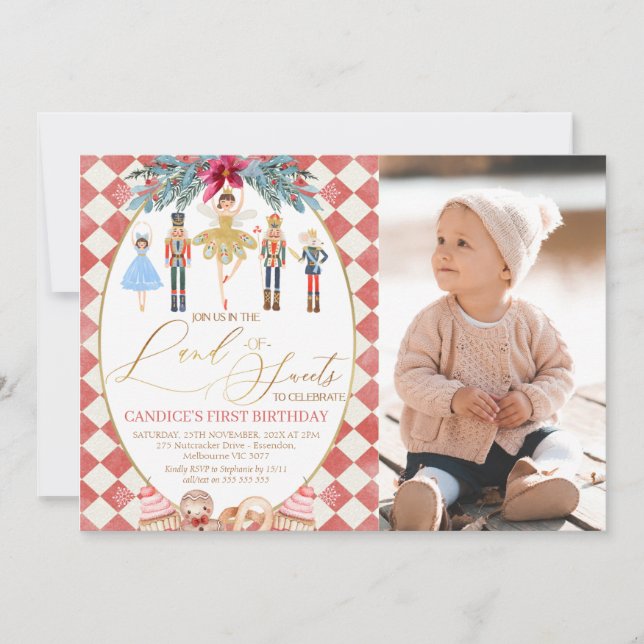 Red Land of Sweets Nutcracker Photo Birthday Invitation (Front)