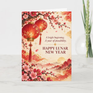Red Lanterns Blossoms Joyful Lunar New Year Card
