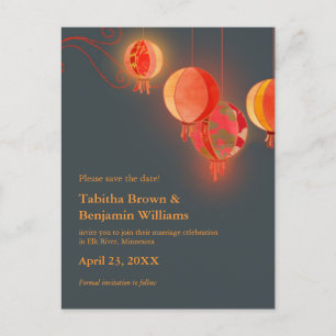 Red Lanterns Charcoal Grey Wedding Save the Date Announcement Postcard