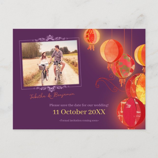 Red Lanterns Purple Wedding Photo Save the Date Announcement Postcard (Front)
