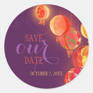 Red Lanterns Purple Wedding Save Our Date Classic Round Sticker