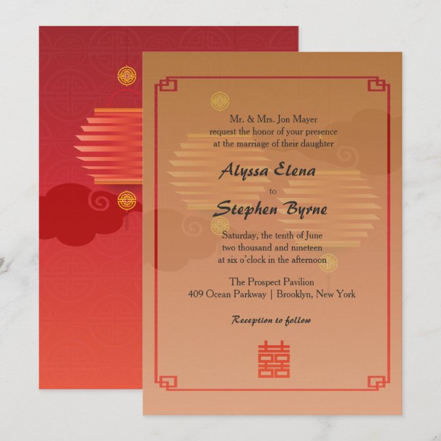 Red Lanterns Traditional Chinese Wedding Invites (Front/Back)