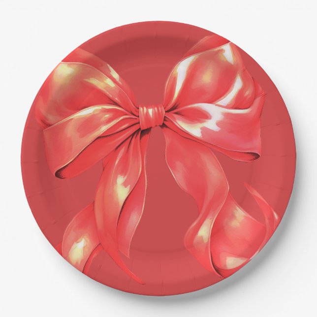 Red Large Bow Elegant  Paper Plate (Front)