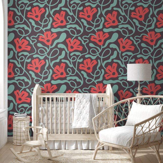 Red Large Wildflowers Floral Botanical Wallpaper (Kids)