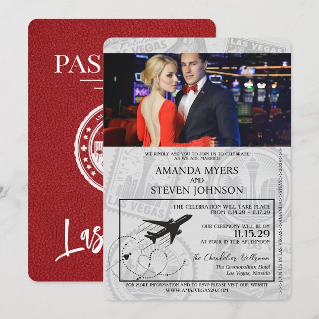 Red Las Vegas Passport Wedding Invitation (Front/Back)