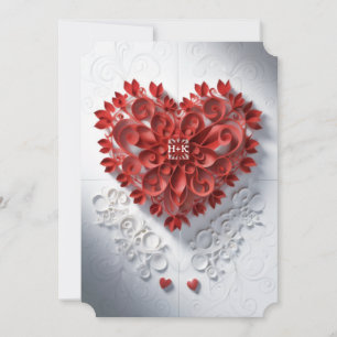 Red Laser Cut Paper Heart with Initials in Centre Invitation