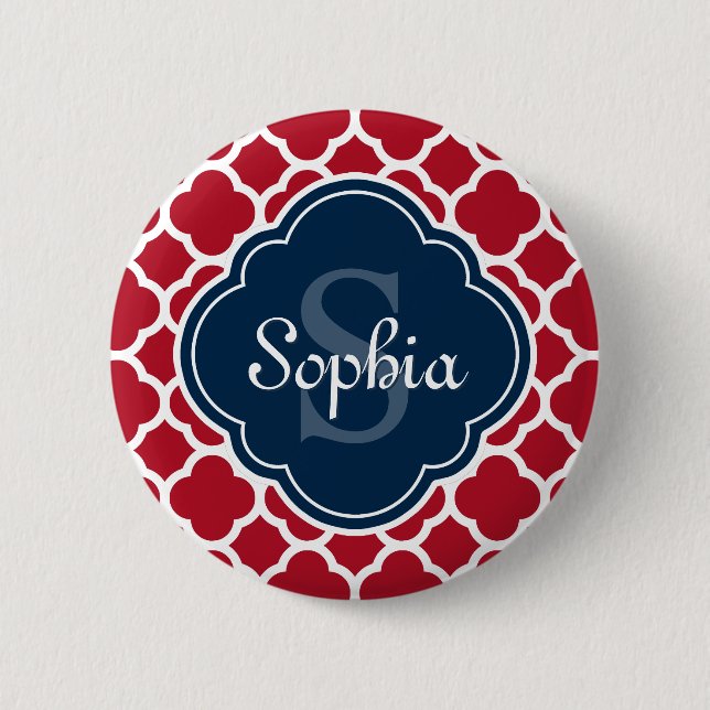 Red Lattice Pattern Navy Monogram 6 Cm Round Badge (Front)