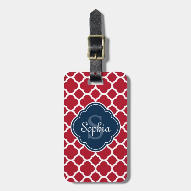 Red Lattice Pattern Navy Monogram Luggage Tag (Front Vertical)