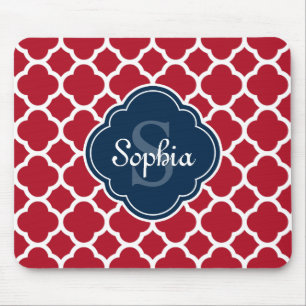 Red Lattice Pattern Navy Monogram Mouse Mat
