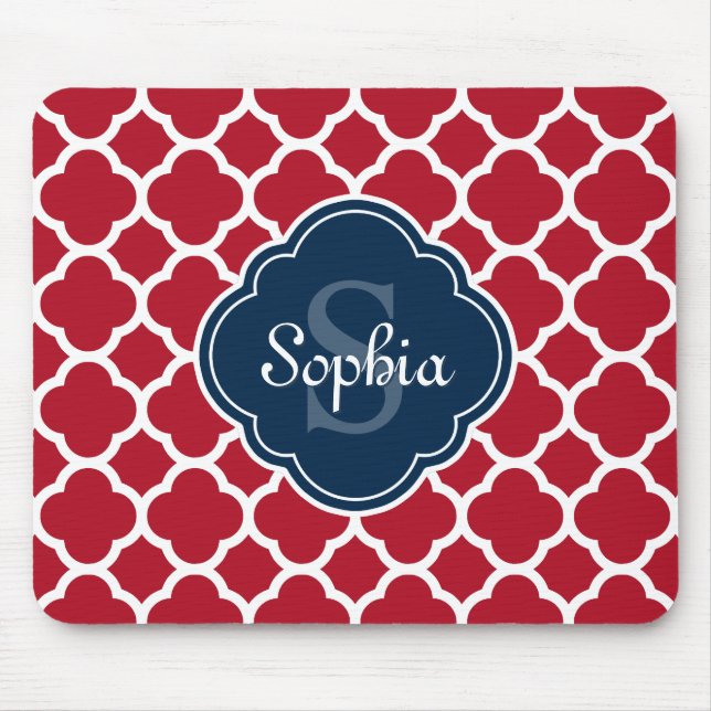 Red Lattice Pattern Navy Monogram Mouse Mat (Front)