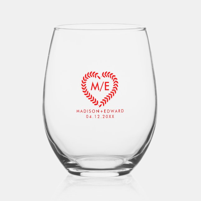 Red Laurel Heart Wreath Wedding Monogram Stemless Wine Glass (Front)
