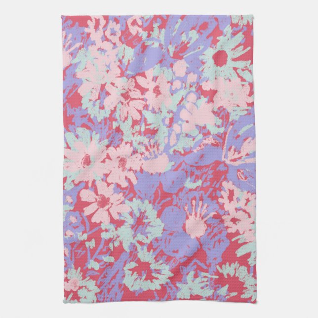 Red Lavender Pink Blooms Floral Kitchen Tea Towel (Vertical)