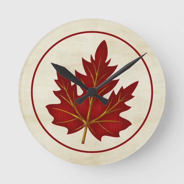 Red Leaf Fall Season Themed Round Wall Clock (Front)