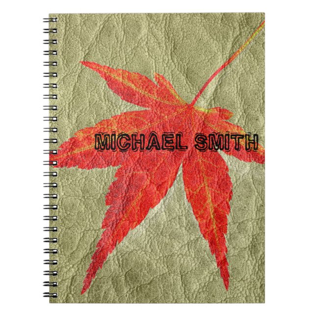 Red Leaf on Tan Leather Notebook (Front)
