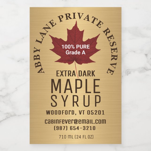  Red Leaf Pure Maple Syrup Circular Logo on Gold  Wine Label (Single Label)