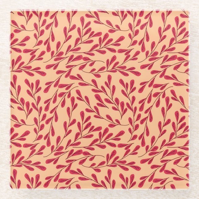  Red Leafy Branches Seamless Pattern Glass Coaster (Front)