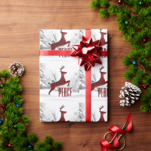 Red Leaping Reindeer with Peace in Winter Forest Wrapping Paper