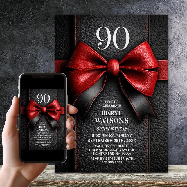 Red Leather Bow 90th Birthday Party Invitation (Creator Uploaded)