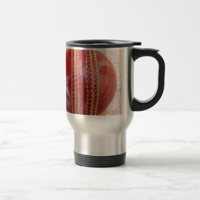 Red Leather Cricket Ball Travel Mug (Right)