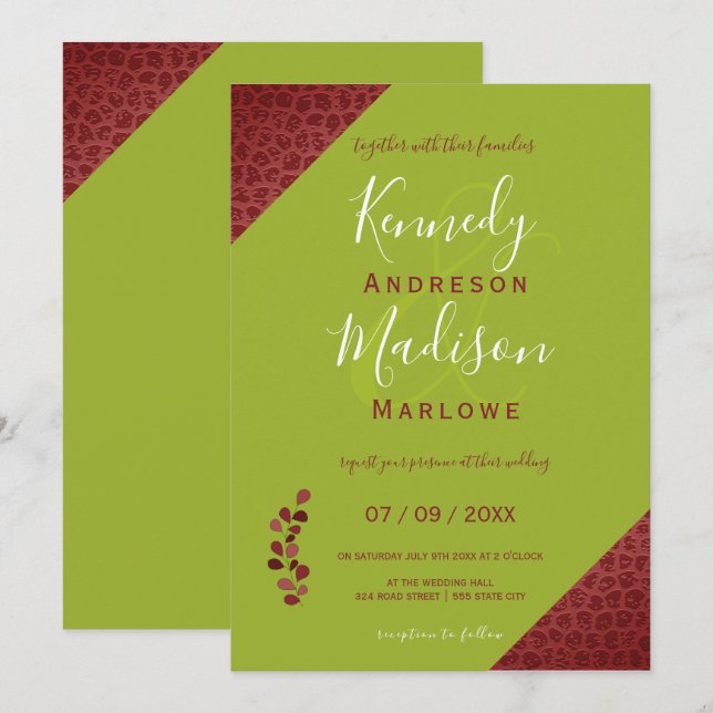 Red Leather Geometric Non-Binary Wedding Invitation (Front/Back)