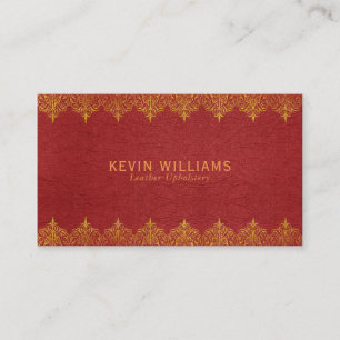 Red Leather & Gold Border Swirls Business Card