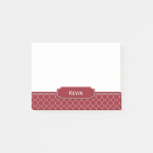 Red Leather Look White Quatrefoil Monogram Post-It Notes (Front)