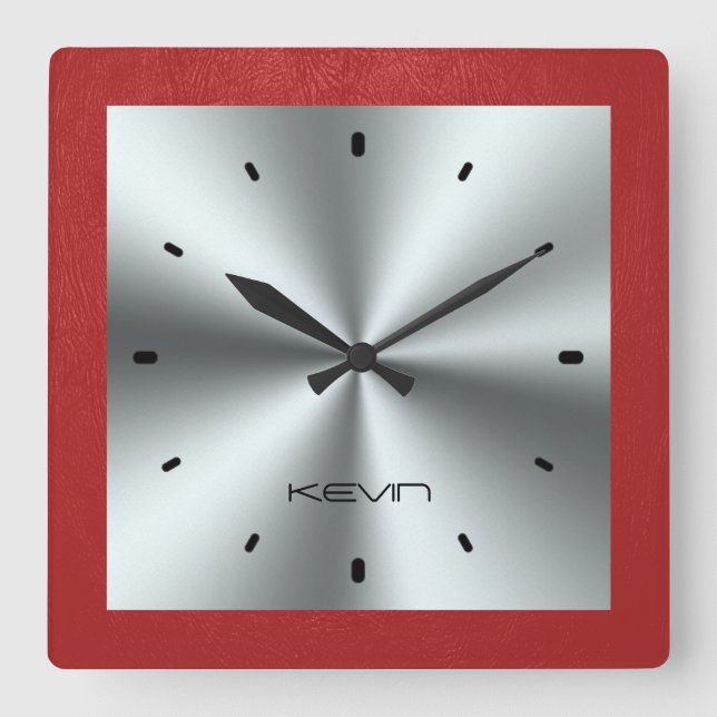 Red Leather & Metallic Stainless Steel Square Wall Clock (Front)