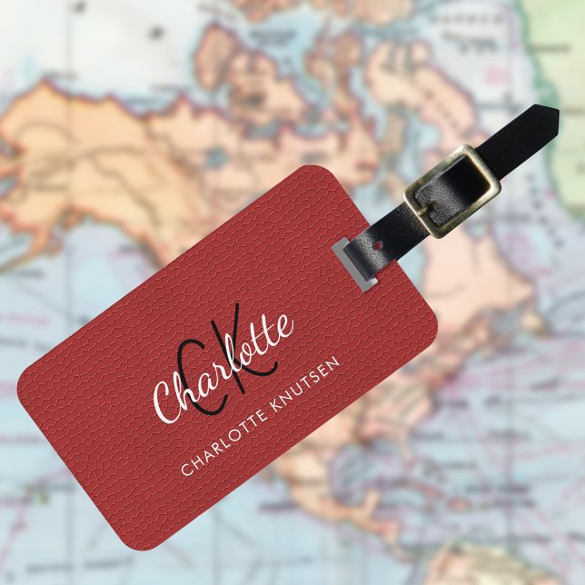 Red leather texture monogram luggage tag (Creator Uploaded)