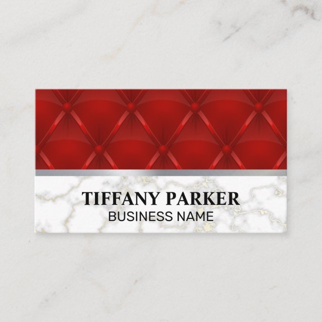 Red Leather Upholster | Marble Metallic Trim Business Card (Front)