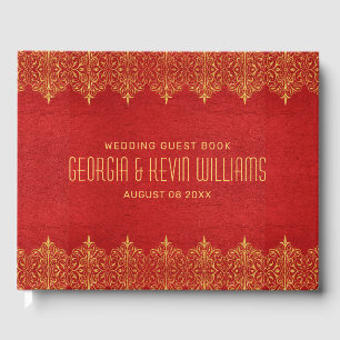 Red Leather & Vintage Gold Lace Border Guest Book