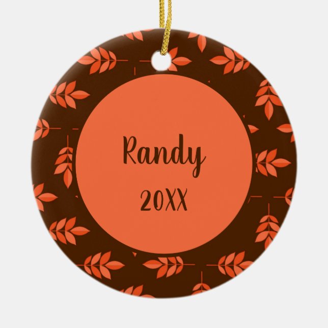 Red leaves custom name brown ceramic tree decoration (Front)