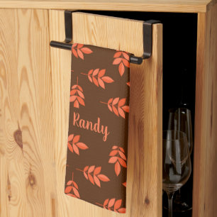 Red leaves custom name brown tea towel