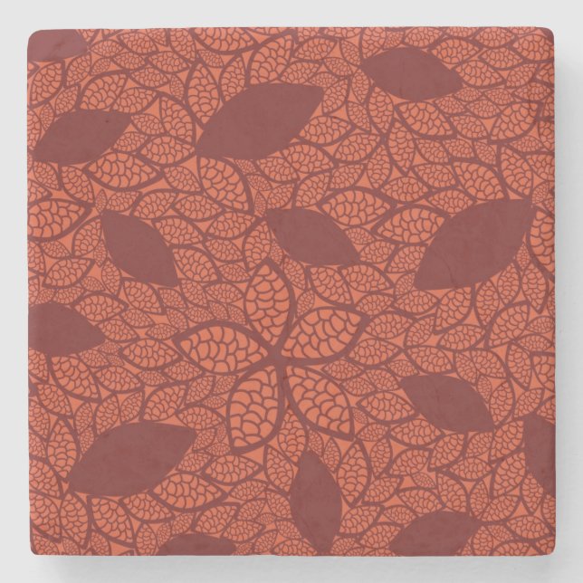 Red leaves pattern on orange stone coaster (Front)
