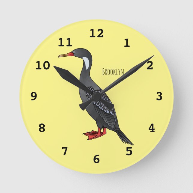 Red-legged cormorant bird cartoon illustration round clock (Front)