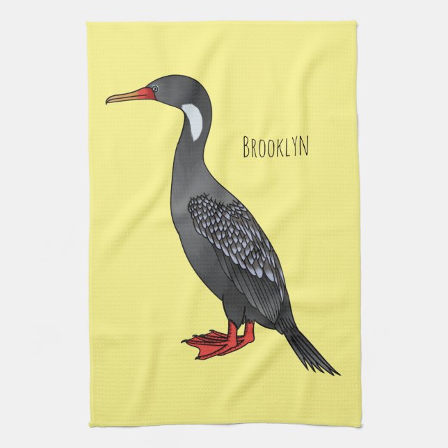 Red-legged cormorant bird cartoon illustration tea towel (Vertical)