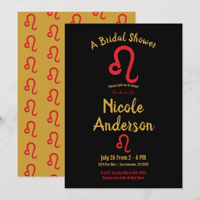 Red LEO Zodiac Astrology July August Bridal Shower Invitation (Front/Back)