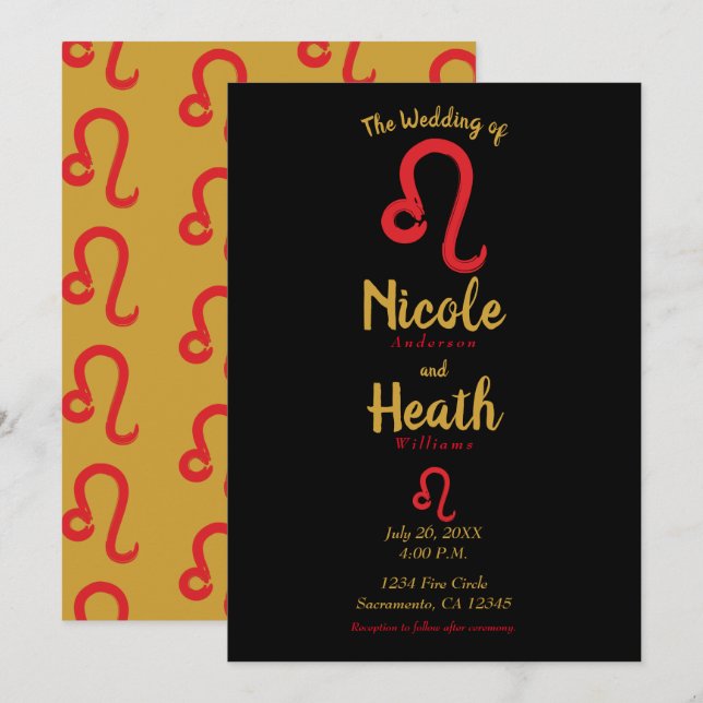 Red LEO Zodiac Astrology July August Wedding Invitation (Front/Back)