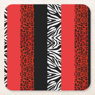 Red Leopard and Zebra Custom Animal Print Square Paper Coaster