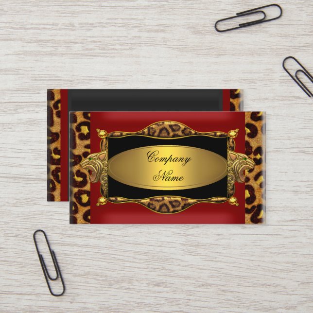 Red Leopard Black Gold Elegant Boutique 7 Business Card (Front/Back In Situ)