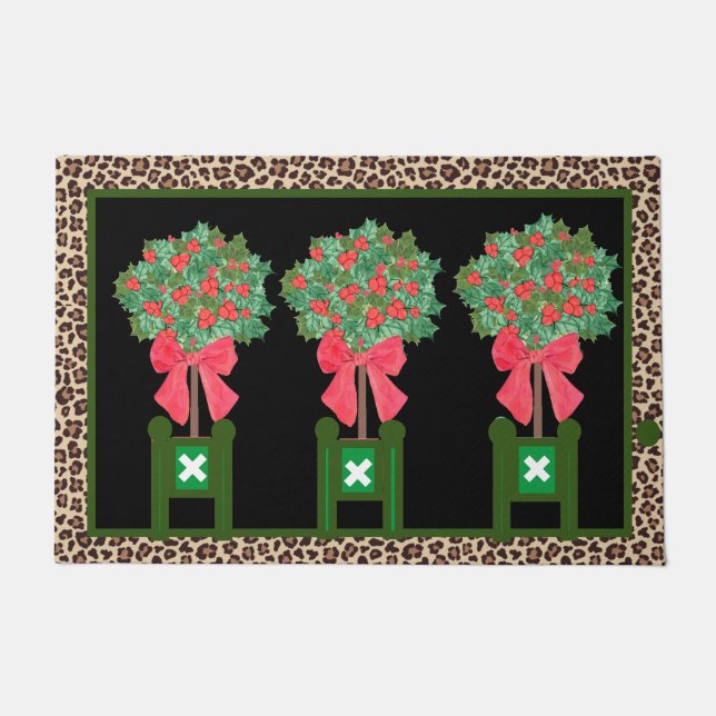 Red Leopard  Holly Berry Chinoiserie  Doormat (Front)